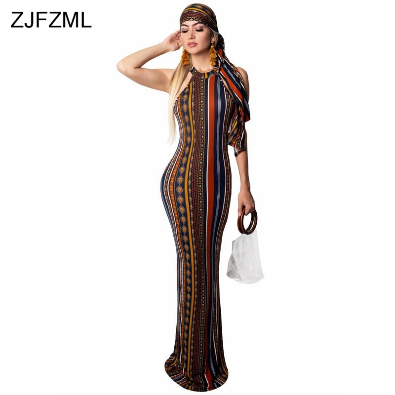 ZJFZML Bohemian Striped Printed Vintage Dress Women O Neck Sleeveless Plus Size Dress Casual Vocation Maxi Dress With Head Scarf