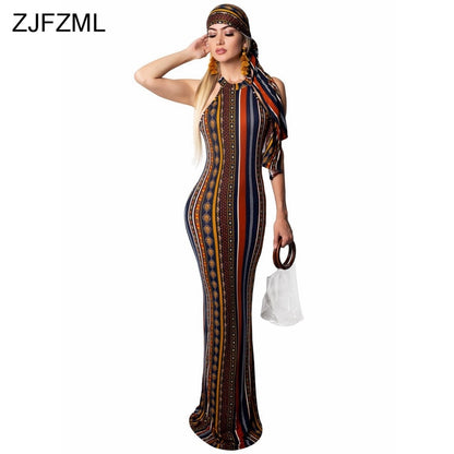 ZJFZML Bohemian Striped Printed Vintage Dress Women O Neck Sleeveless Plus Size Dress Casual Vocation Maxi Dress With Head Scarf