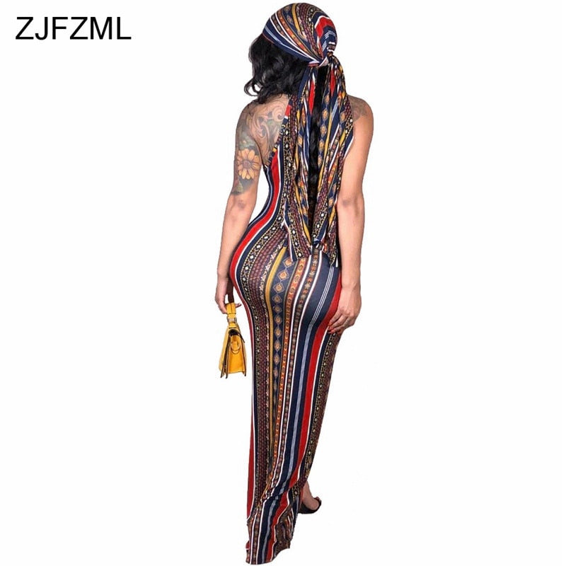 ZJFZML Bohemian Striped Printed Vintage Dress Women O Neck Sleeveless Plus Size Dress Casual Vocation Maxi Dress With Head Scarf