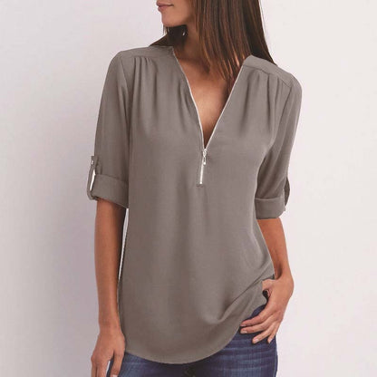 Zipper Short Sleeve Women Shirts Sexy V Neck Solid Womens Tops Blouses Casual Tee Shirts Tops Female Clothes Plus Size