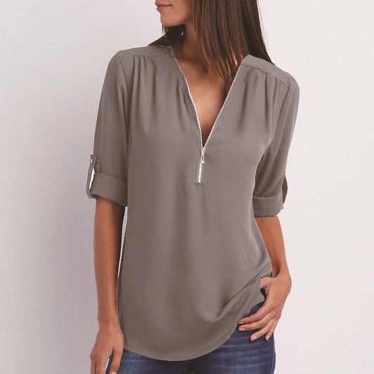 Zipper Short Sleeve Women Shirts Sexy V Neck Solid Womens Tops Blouses Casual Tee Shirts Tops Female Clothes Plus Size