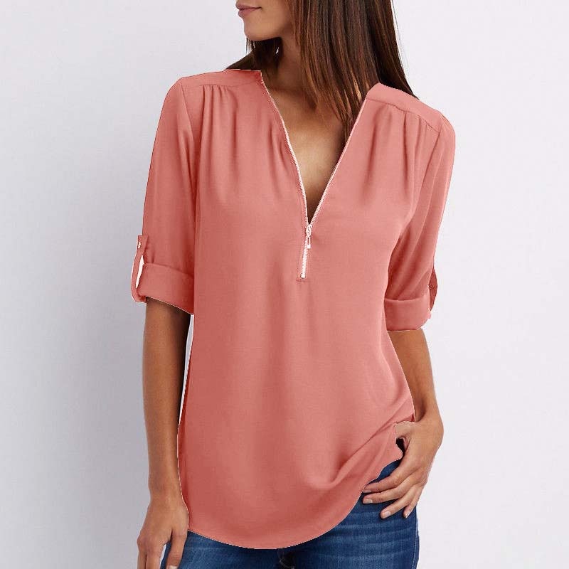 Zipper Short Sleeve Women Shirts Sexy V Neck Solid Womens Tops Blouses Casual Tee Shirts Tops Female Clothes Plus Size
