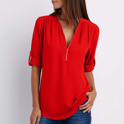 Zipper Short Sleeve Women Shirts Sexy V Neck Solid Womens Tops Blouses Casual Tee Shirts Tops Female Clothes Plus Size