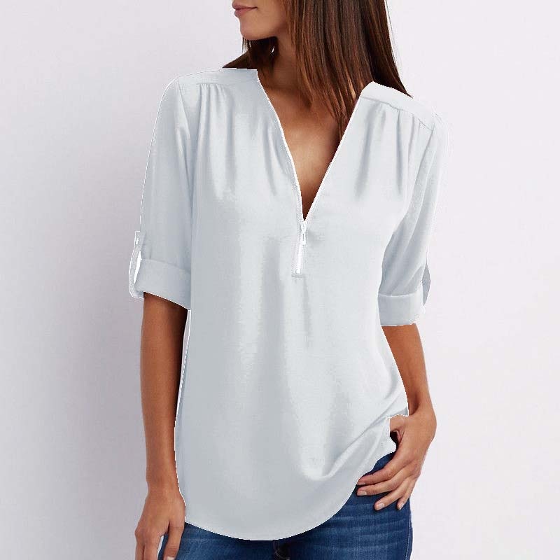 Zipper Short Sleeve Women Shirts Sexy V Neck Solid Womens Tops Blouses Casual Tee Shirts Tops Female Clothes Plus Size