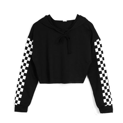 New Arrival Women's Checkered Sleeve Sweater S to XL Women Hoodie Plaid Short Sweatshirt Jumper Sweatshirts Crop top Coat Pullover Tops Costumes