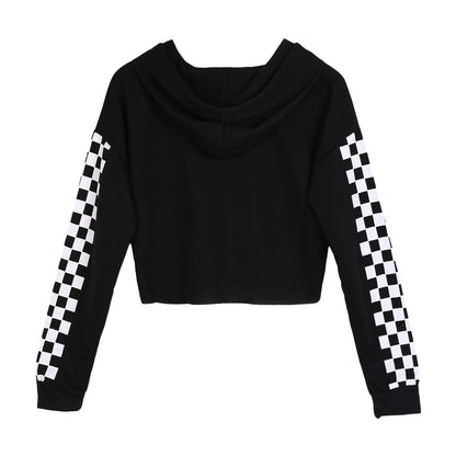 New Arrival Women's Checkered Sleeve Sweater S to XL Women Hoodie Plaid Short Sweatshirt Jumper Sweatshirts Crop top Coat Pullover Tops Costumes