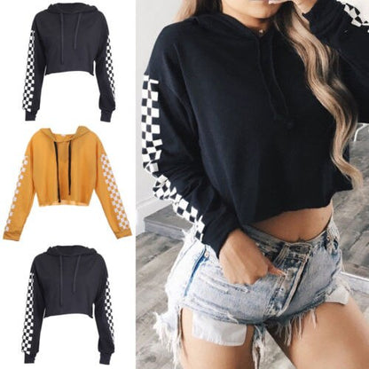 New Arrival Women's Checkered Sleeve Sweater S to XL Women Hoodie Plaid Short Sweatshirt Jumper Sweatshirts Crop top Coat Pullover Tops Costumes