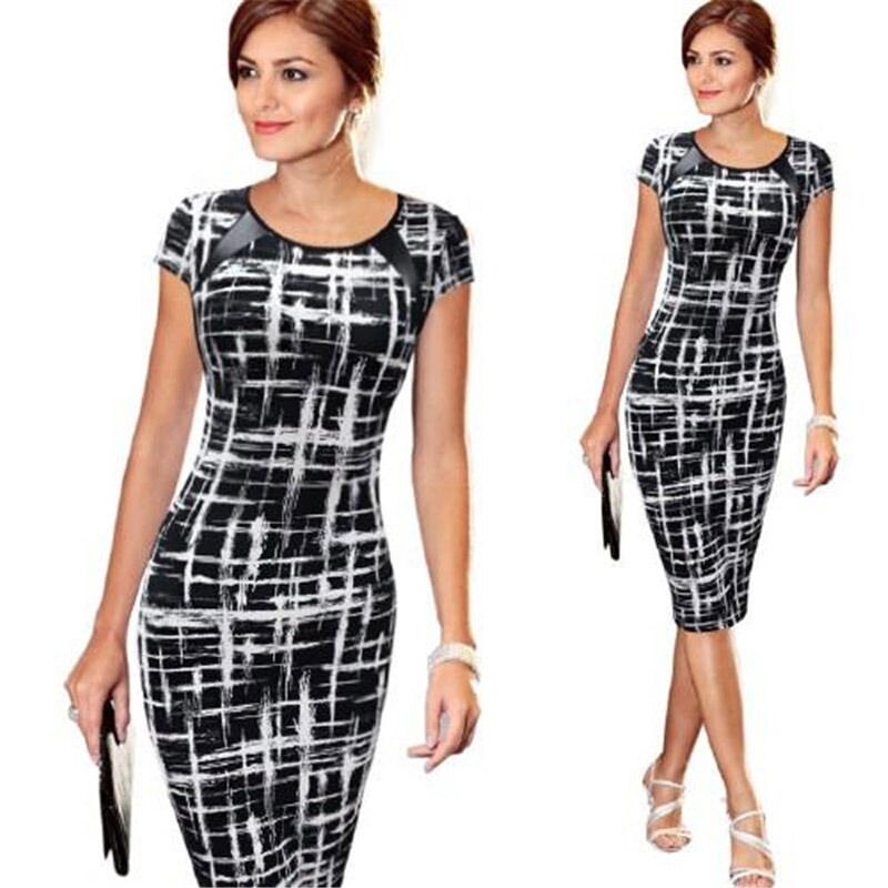 Women's Bandage Bodycon Short Sleeve Sketch Print Dot Star Cocktail Knee Length Pencil Dress US