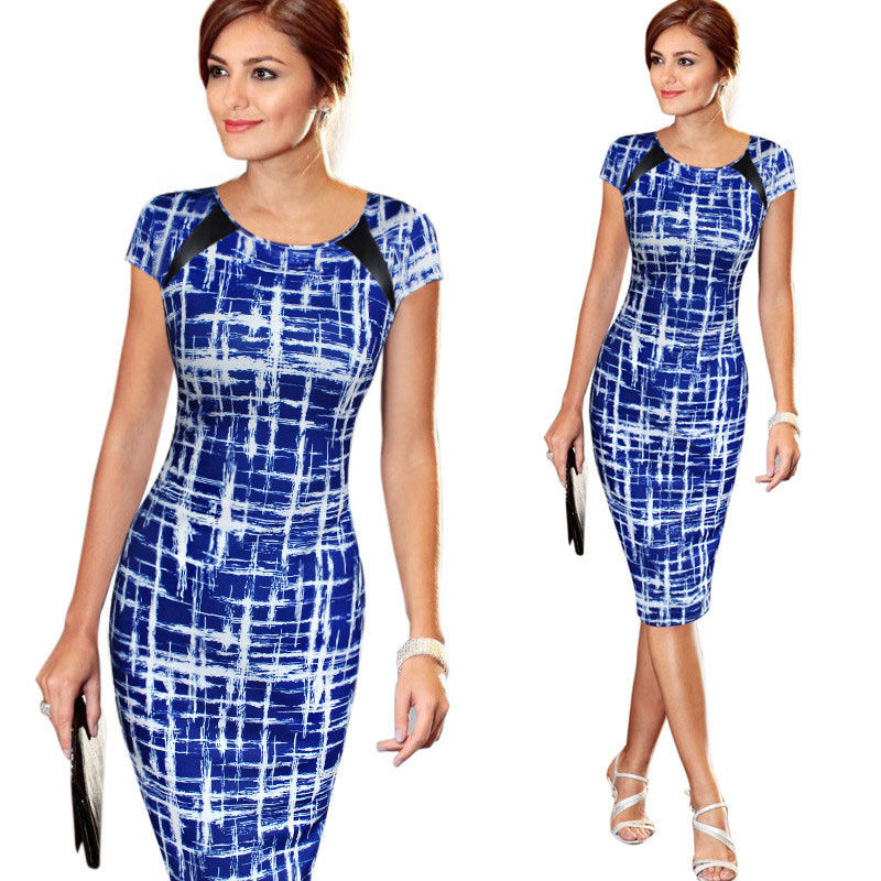 Women's Bandage Bodycon Short Sleeve Sketch Print Dot Star Cocktail Knee Length Pencil Dress US