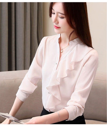 Women's Ruffles Chiffon Blouse Long Sleeve Shirts  White blouse Solid Stand 2354 50