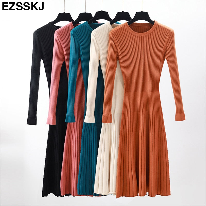 Elegant Long Sleeve OL O Neck Long Sweater Dress Women's Thick Knit Autumn Winter Dress female Slim A line basic dress casual