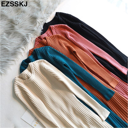 Elegant Long Sleeve OL O Neck Long Sweater Dress Women's Thick Knit Autumn Winter Dress female Slim A line basic dress casual