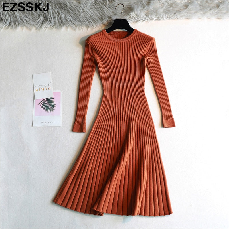 Elegant Long Sleeve OL O Neck Long Sweater Dress Women's Thick Knit Autumn Winter Dress female Slim A line basic dress casual