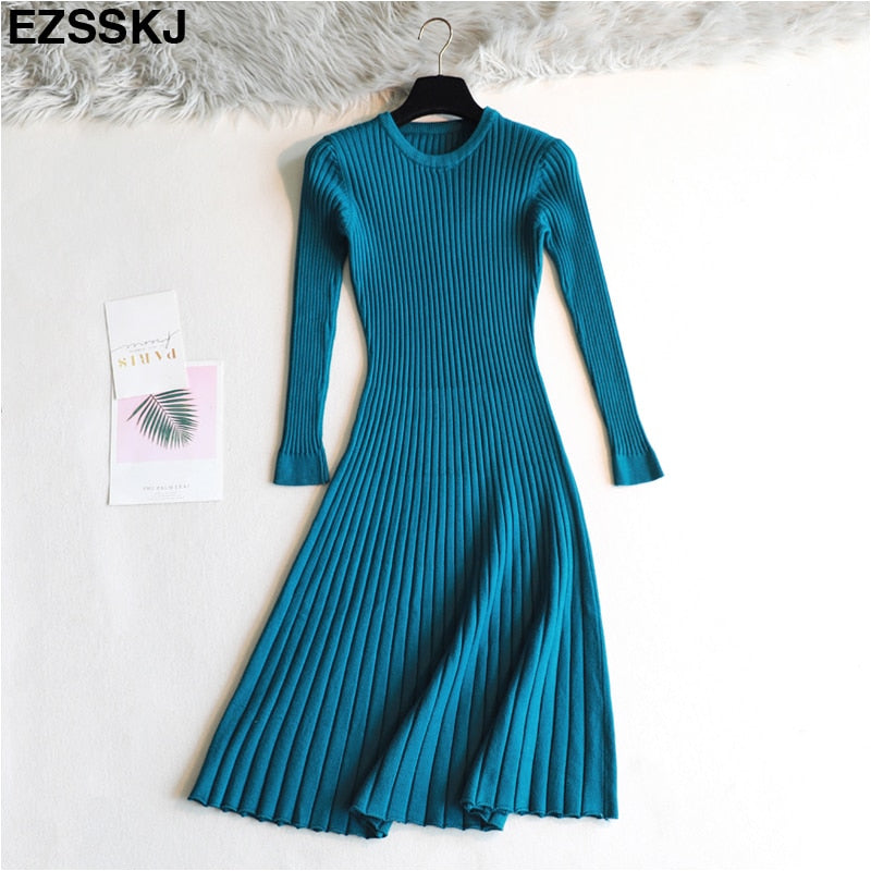 Elegant Long Sleeve OL O Neck Long Sweater Dress Women's Thick Knit Autumn Winter Dress female Slim A line basic dress casual