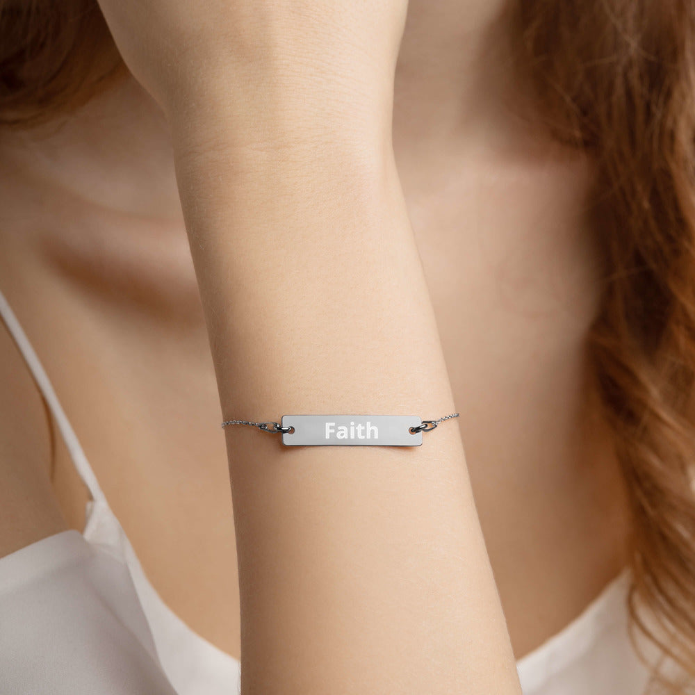 Engraved Silver Bar Chain Bracelet: Faith