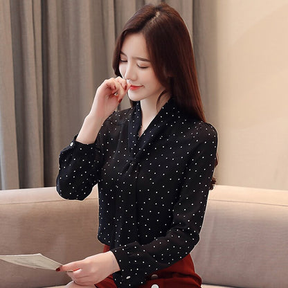 fashion blouse for women 2019 dot wave point chiffon blouse shirt long sleeve women shirts bow V collar office blouse 2491 50