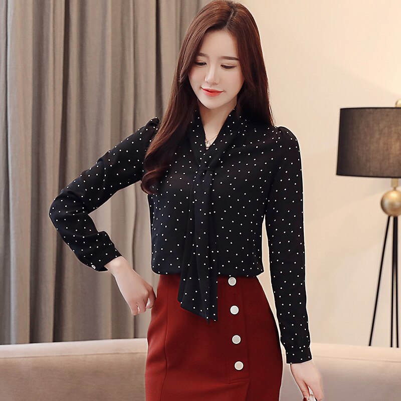 fashion blouse for women 2019 dot wave point chiffon blouse shirt long sleeve women shirts bow V collar office blouse 2491 50