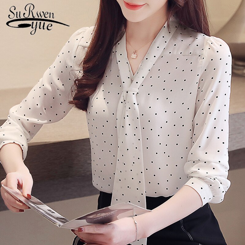 fashion blouse for women 2019 dot wave point chiffon blouse shirt long sleeve women shirts bow V collar office blouse 2491 50