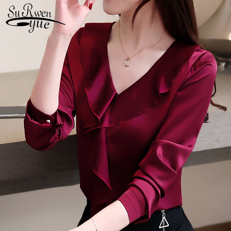 Women's V-neck Collar Office Blouse Women's Chiffon Blouse Shirt Demale Long Sleeve 2355 50