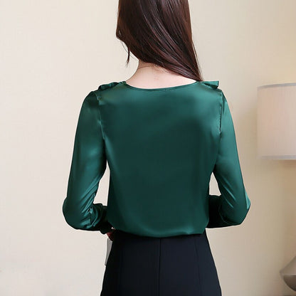 Women's V-neck Collar Office Blouse Women's Chiffon Blouse Shirt Demale Long Sleeve 2355 50
