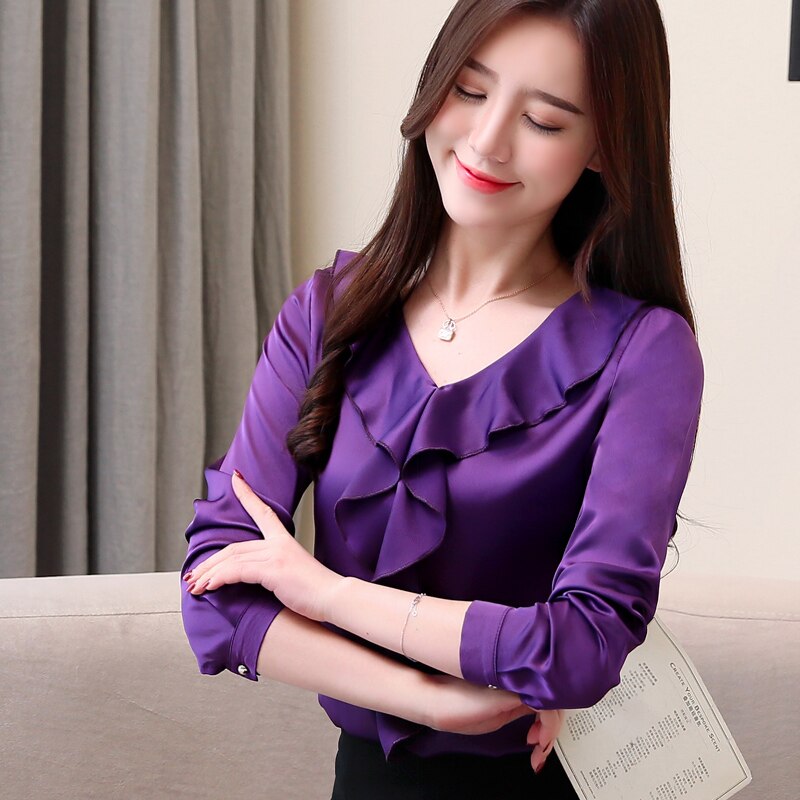 Women's V-neck Collar Office Blouse Women's Chiffon Blouse Shirt Demale Long Sleeve 2355 50