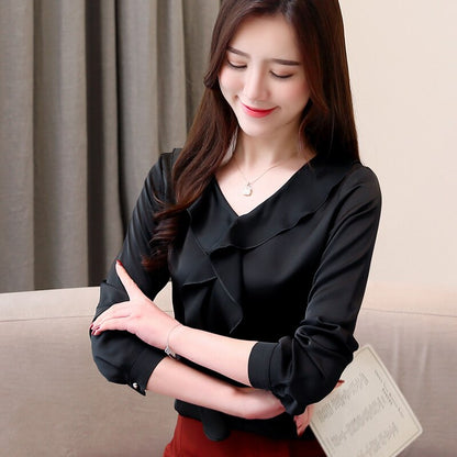 Women's V-neck Collar Office Blouse Women's Chiffon Blouse Shirt Demale Long Sleeve 2355 50