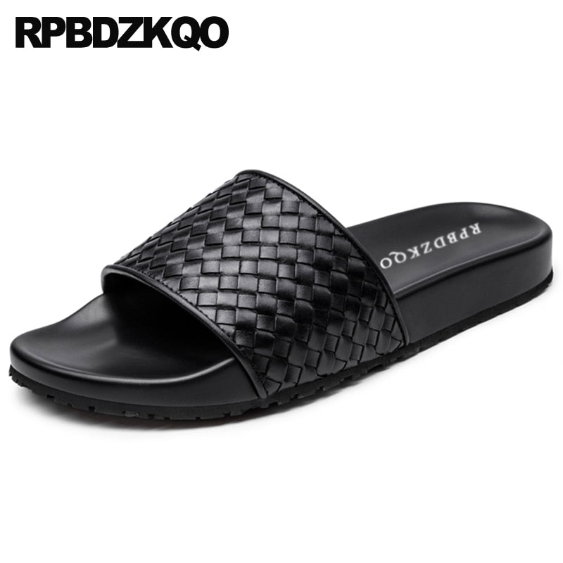 flat soft genuine leather slippers 2019 slides beach luxury summer italian designer shoes men high quality woven sandals slip on