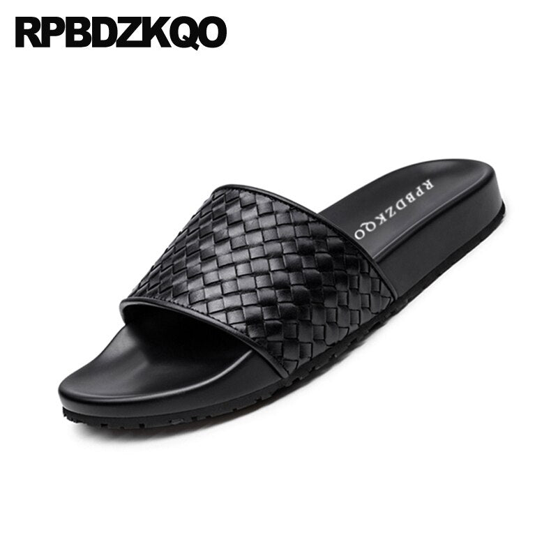 flat soft genuine leather slippers 2019 slides beach luxury summer italian designer shoes men high quality woven sandals slip on