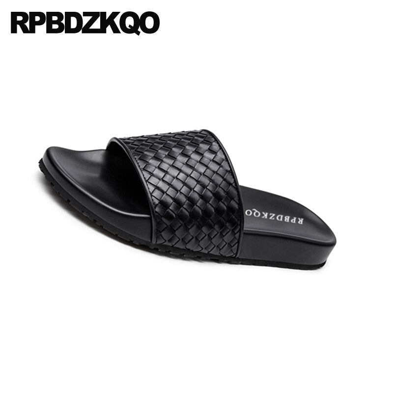 flat soft genuine leather slippers 2019 slides beach luxury summer italian designer shoes men high quality woven sandals slip on