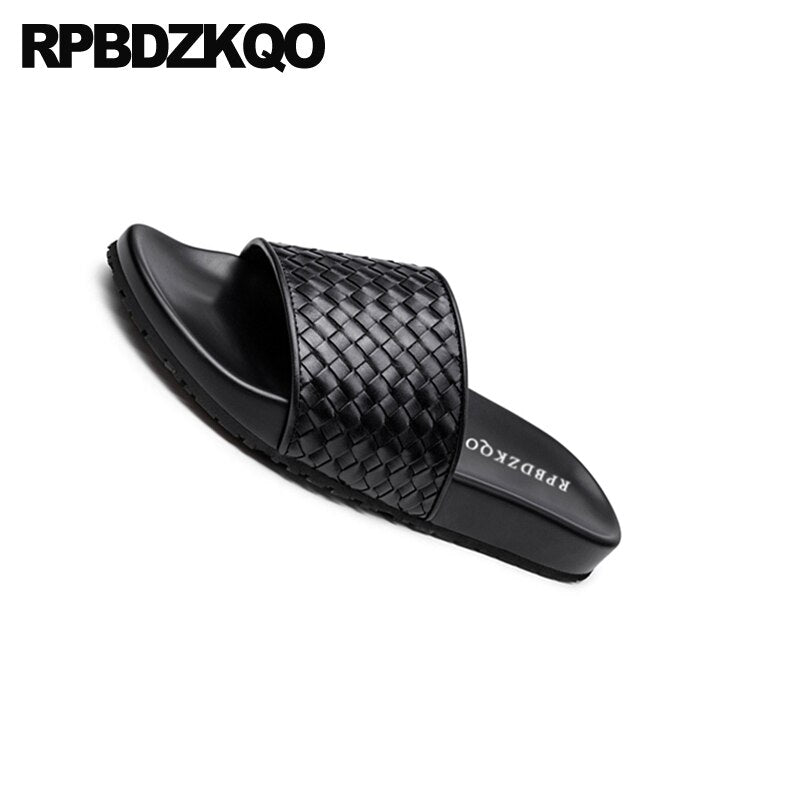 flat soft genuine leather slippers 2019 slides beach luxury summer italian designer shoes men high quality woven sandals slip on
