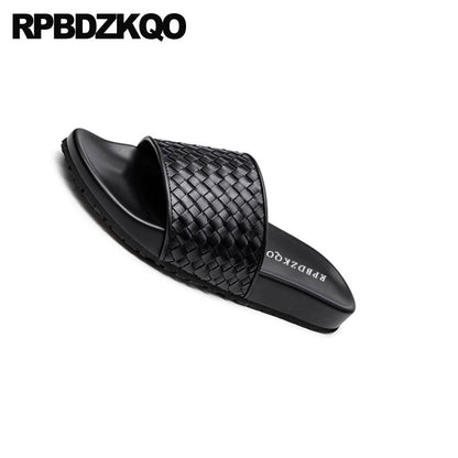flat soft genuine leather slippers 2019 slides beach luxury summer italian designer shoes men high quality woven sandals slip on