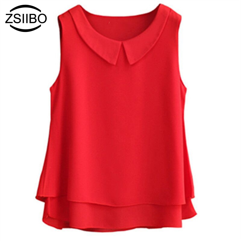 Sleeveless Blouse Shirt Women 2019 Female Solid Color Double layer Chiffon Shirts Casual Loose Top Plus Size Clothing