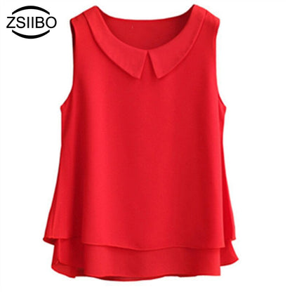 Sleeveless Blouse Shirt Women 2019 Female Solid Color Double layer Chiffon Shirts Casual Loose Top Plus Size Clothing