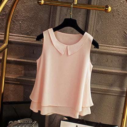 Sleeveless Blouse Shirt Women 2019 Female Solid Color Double layer Chiffon Shirts Casual Loose Top Plus Size Clothing
