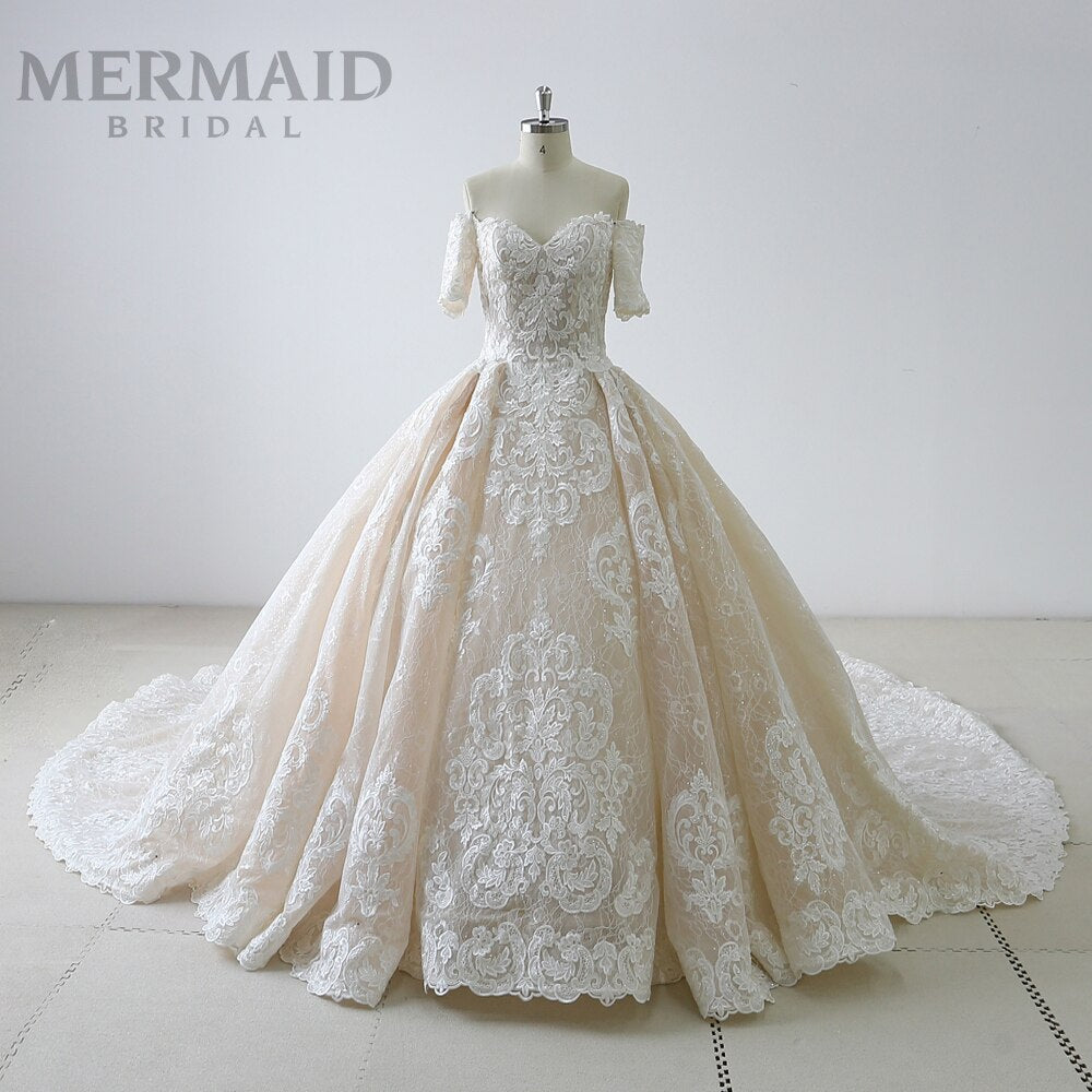 Luxury Short Sleeve Long Train Ball Gown Wedding Dress Women