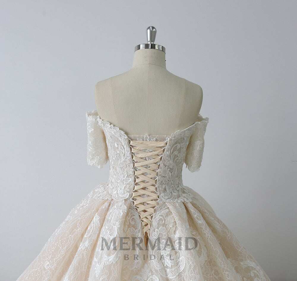 Luxury Short Sleeve Long Train Ball Gown Wedding Dress Women