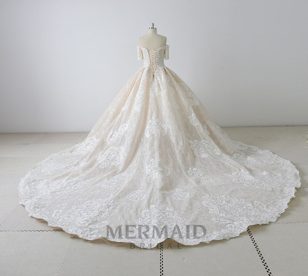 Luxury Short Sleeve Long Train Ball Gown Wedding Dress Women