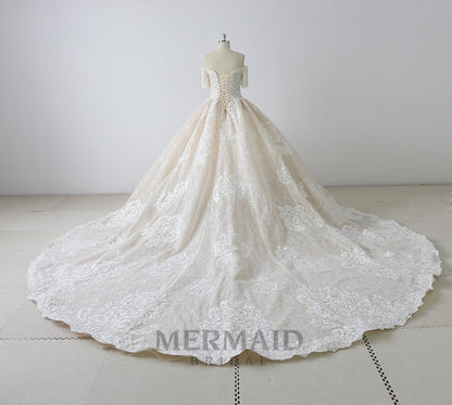 Luxury Short Sleeve Long Train Ball Gown Wedding Dress Women