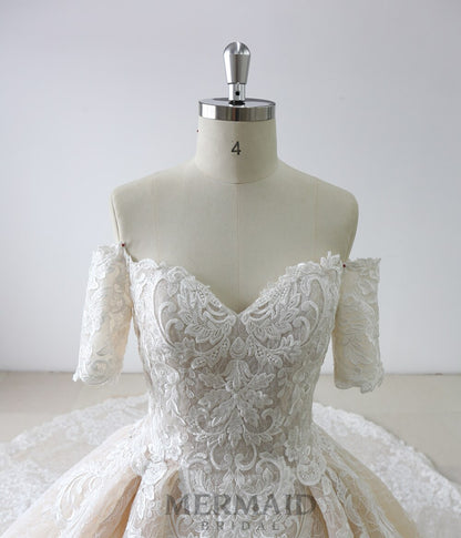 Luxury Short Sleeve Long Train Ball Gown Wedding Dress Women