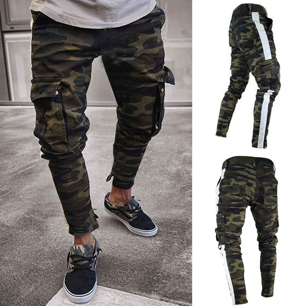 Men's Cargo Pants Denim Jeans trousers Slim Fit Fashion Casual autumn Pleated Skinny Camouflage Stretch d90723