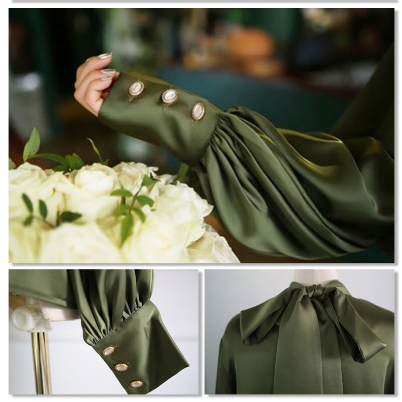 new party office Ladies shirt autumn solid Vintage Satin Lantern Sleeve Shirt Bow Tie Neck Loose Elegant Blouse Top women shirts