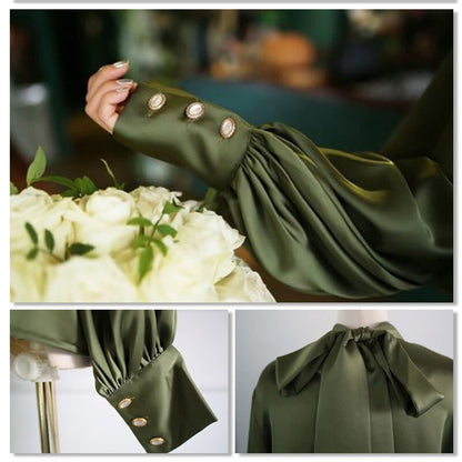 new party office Ladies shirt autumn solid Vintage Satin Lantern Sleeve Shirt Bow Tie Neck Loose Elegant Blouse Top women shirts