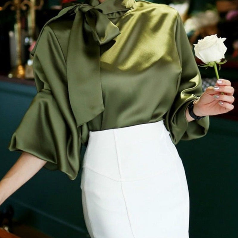 new party office Ladies shirt autumn solid Vintage Satin Lantern Sleeve Shirt Bow Tie Neck Loose Elegant Blouse Top women shirts