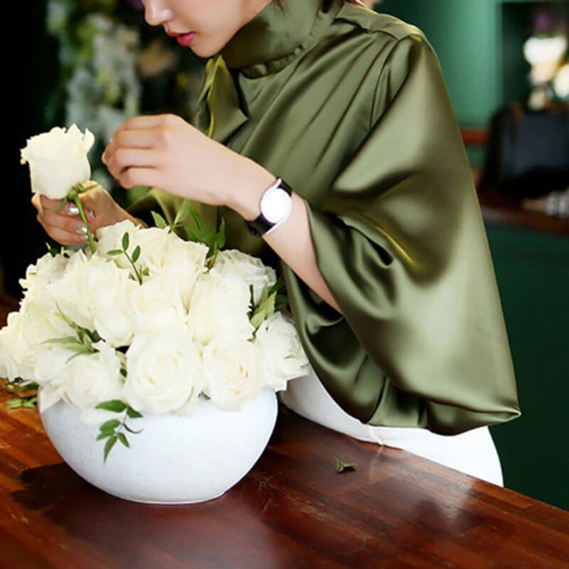 new party office Ladies shirt autumn solid Vintage Satin Lantern Sleeve Shirt Bow Tie Neck Loose Elegant Blouse Top women shirts