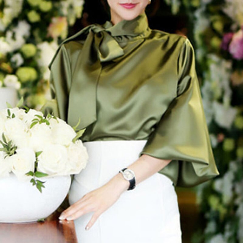 new party office Ladies shirt autumn solid Vintage Satin Lantern Sleeve Shirt Bow Tie Neck Loose Elegant Blouse Top women shirts