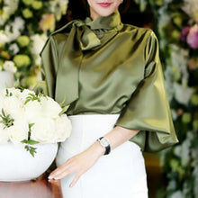 Load image into Gallery viewer, new party office Ladies shirt autumn solid Vintage Satin Lantern Sleeve Shirt Bow Tie Neck Loose Elegant Blouse Top women shirts
