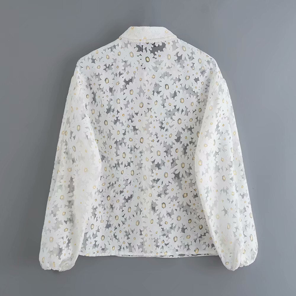 Women's Elegant Floral Embroidery Translucent Blouses Shirts Women Lantern Sleeve Cchic chemise tops LS4142