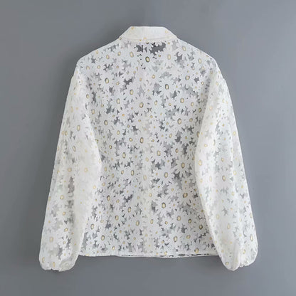Women's Elegant Floral Embroidery Translucent Blouses Shirts Women Lantern Sleeve Cchic chemise tops LS4142