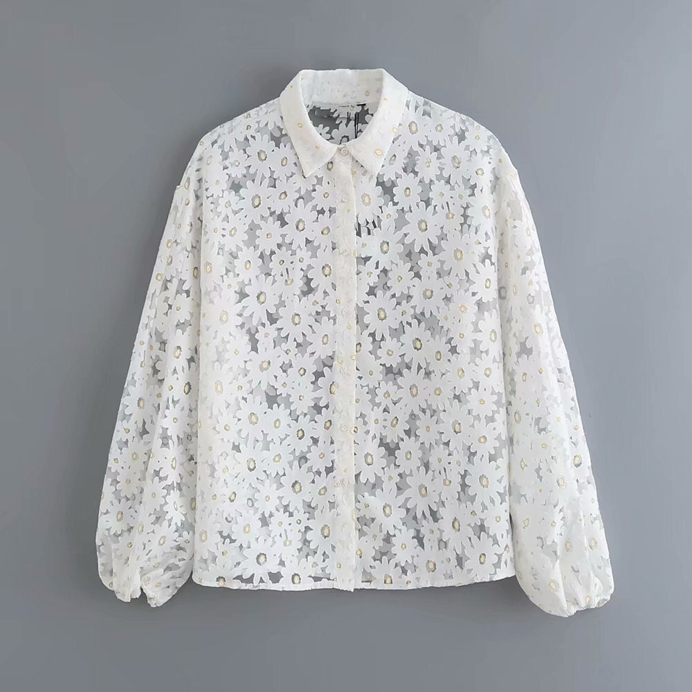 Women's Elegant Floral Embroidery Translucent Blouses Shirts Women Lantern Sleeve Cchic chemise tops LS4142