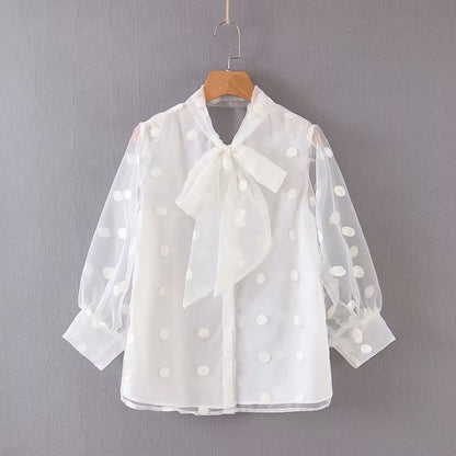 Women's Elegant Stand Collar Polka Dot Blouse Embroidery casual organza blouse shirt women chic perspective white chemise tops LS4077